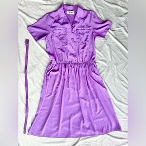 Vintage Spiegel Purple Shimmery Polyester Belted Collared Button Shirt Dress 10